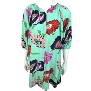 Tucker Silk Floral Shift Dress Womens One Size Blue Short Sleeve Flowy Button Up